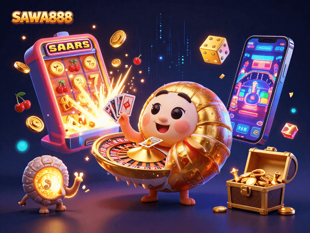Engage with SAWA888, exploring dynamic gameplay with animated casino elements and a vibrant scene.