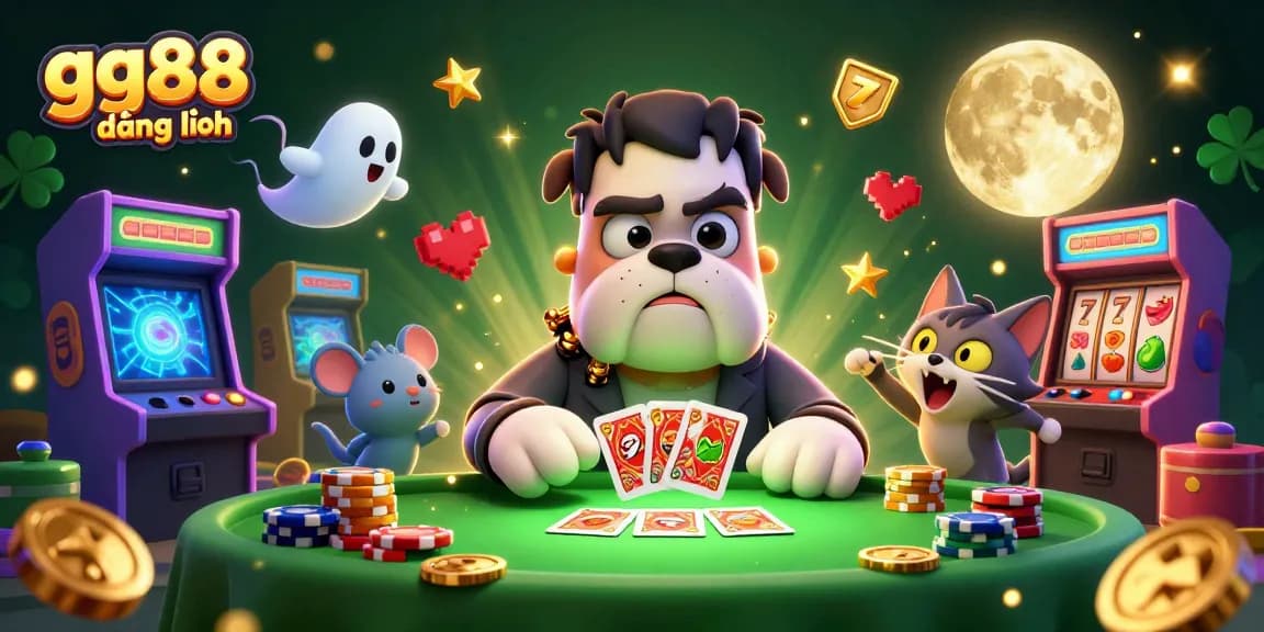 Engage with gg88 đăng nhập as a 3D cartoon scene of a Frankenstein bulldog dealing cards amid vibrant casino elements.
