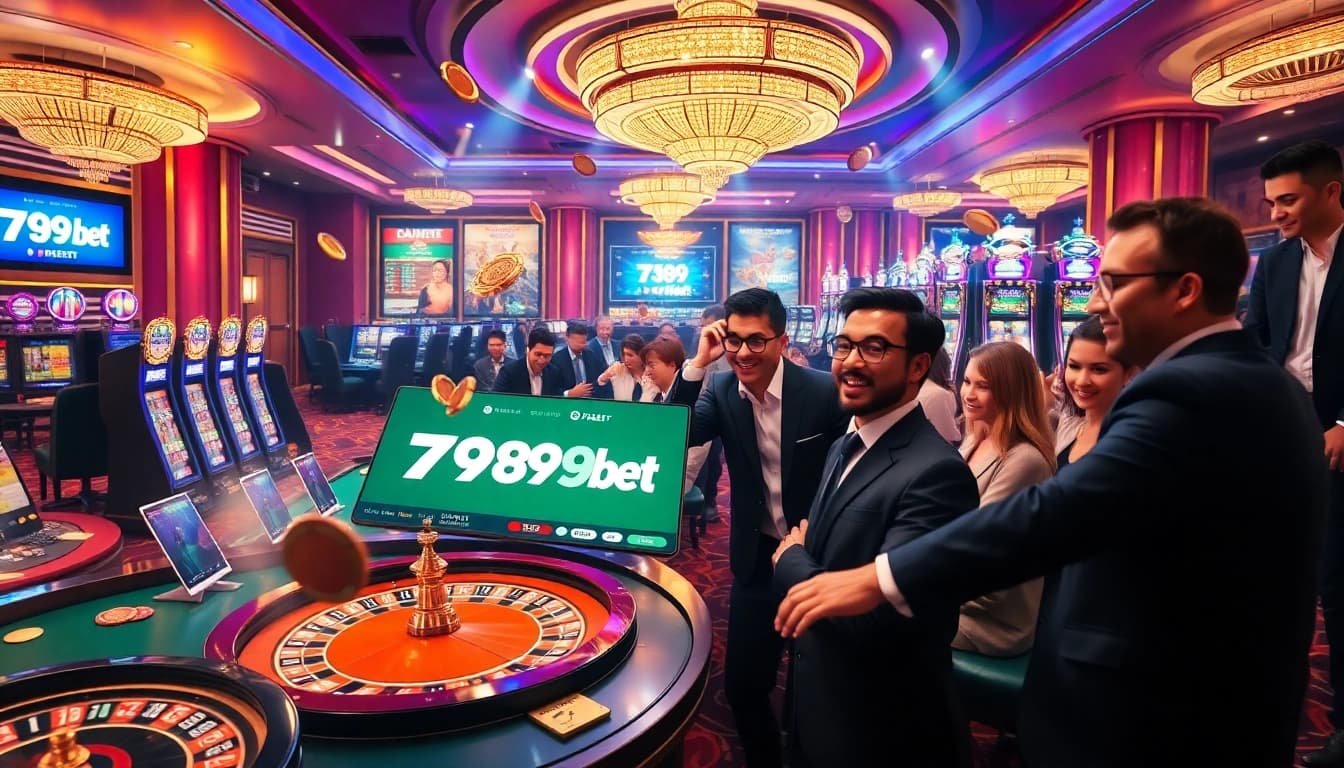 Gamblers enjoying a vibrant online casino experience at 789bet with poker tables and vibrant slots.