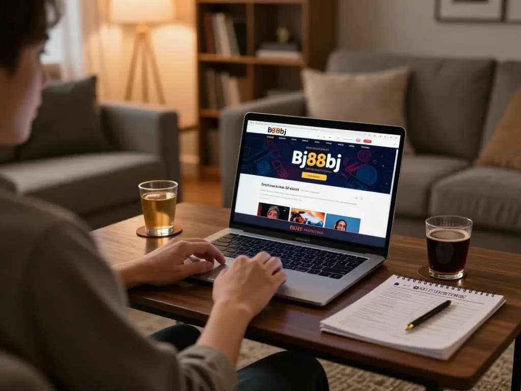 Player engaging with the bj88bj online casino platform on a laptop in a cozy living room during a relaxing gaming session.