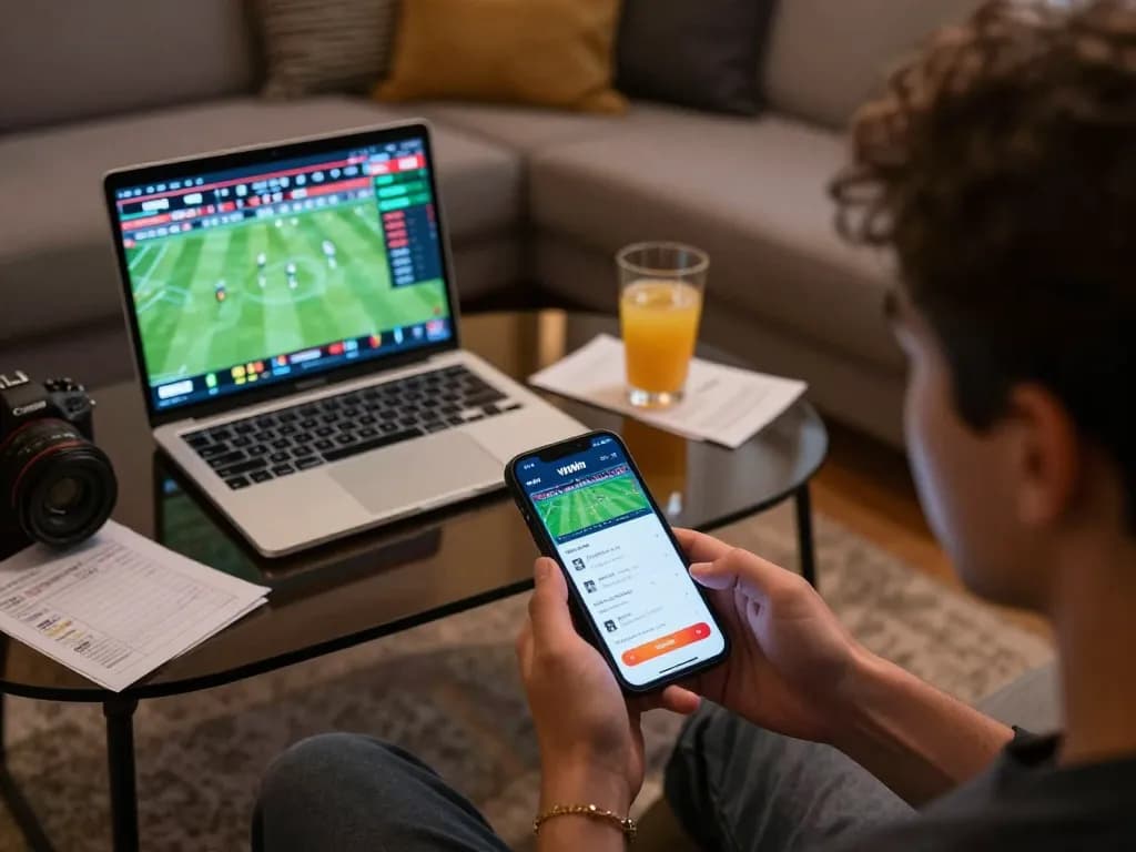 Engaged user checking vipwin com for live sports betting odds on smartphone, dynamic home gaming scene.