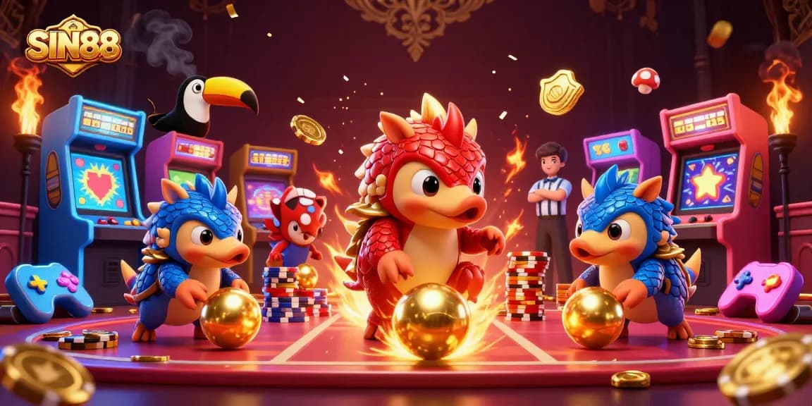 SIN88 pangolins compete in a vibrant casino scene, rolling poker chips and golden balls.