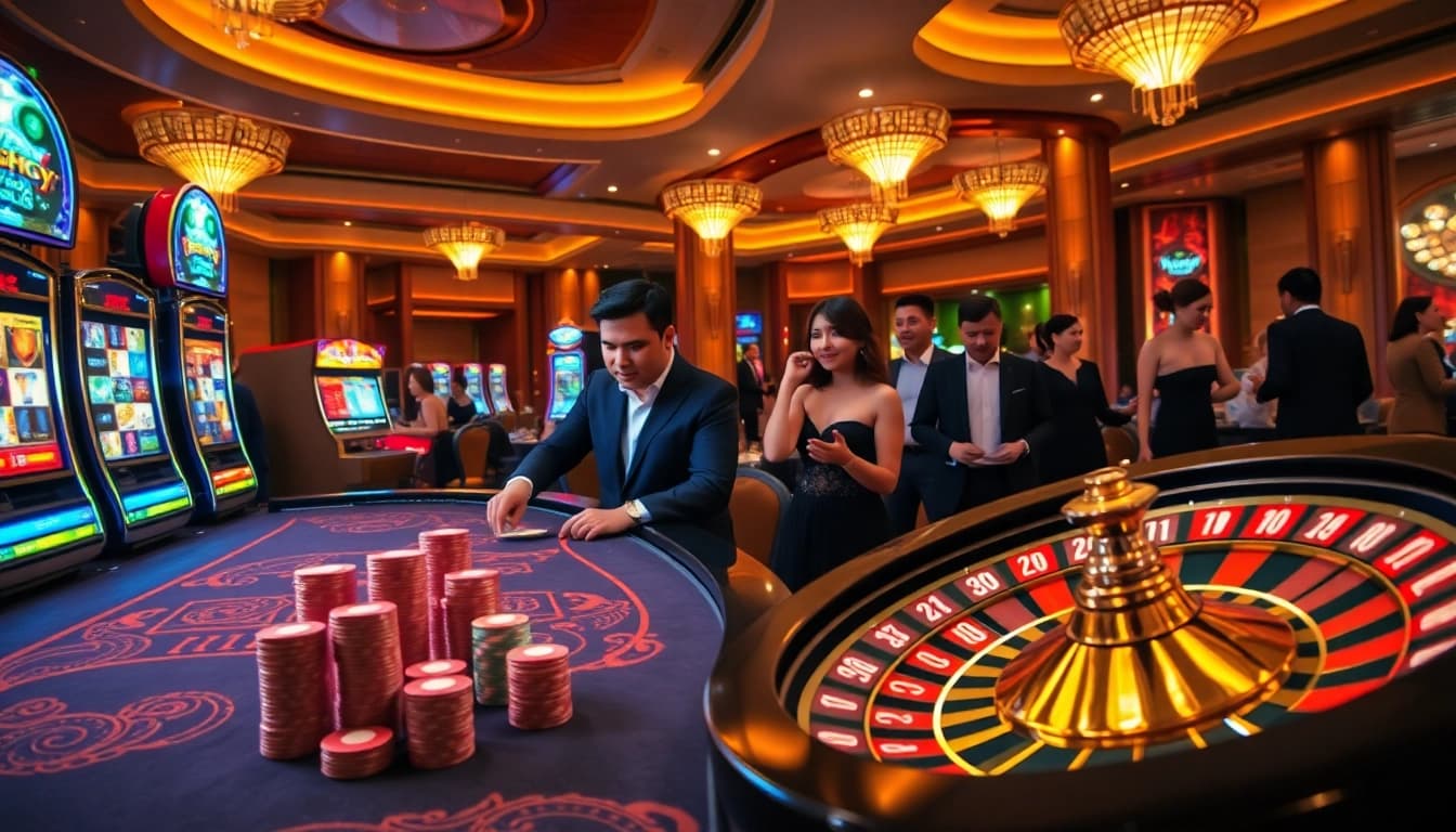 The lively casino scene at https://kjc365.com/ showcases poker tables, roulette wheels, and players enjoying the thrill of gambling.