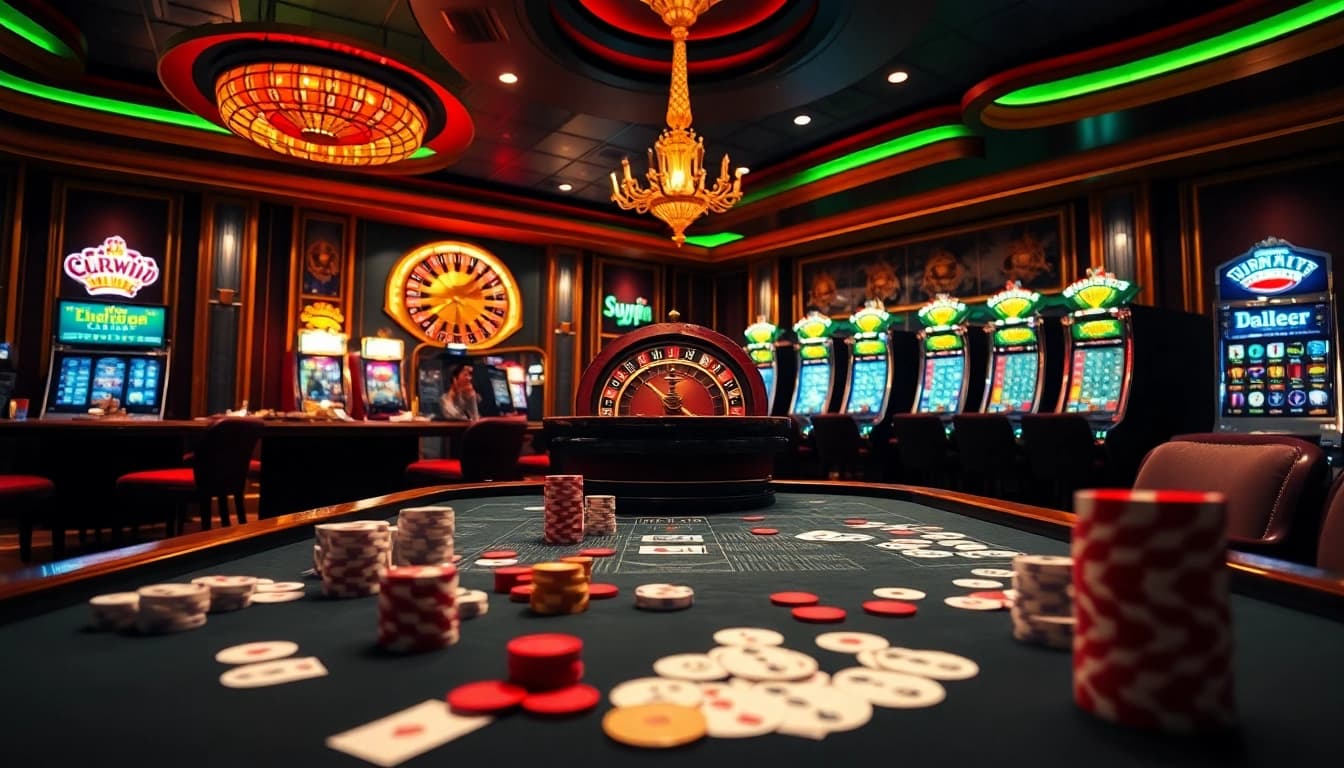 Experience the thrill of gaming at sunwin.loans with vibrant tables, chips, and roulette wheels.