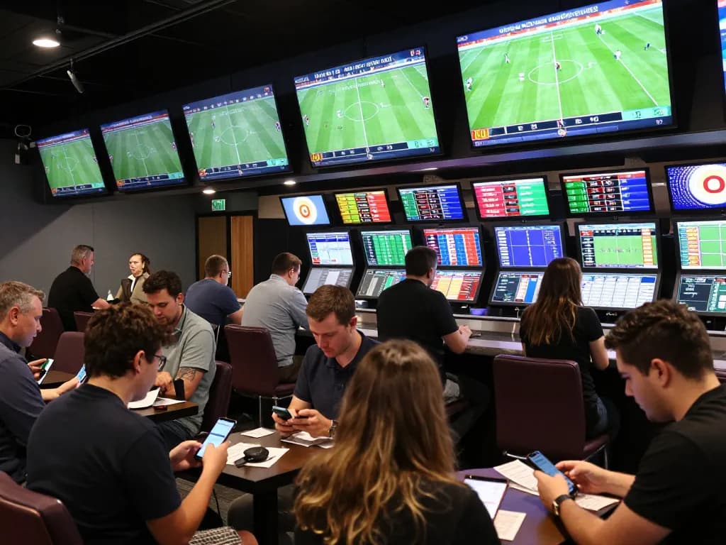 Engaged bettors analyzing odds and placing nhận định bóng đá bets in a vibrant sportsbook atmosphere.