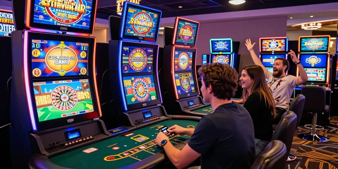 Enthusiastic players at mastercard casinos enjoying vibrant gameplay, featuring slot machines, poker tables, and interactive gaming terminals.