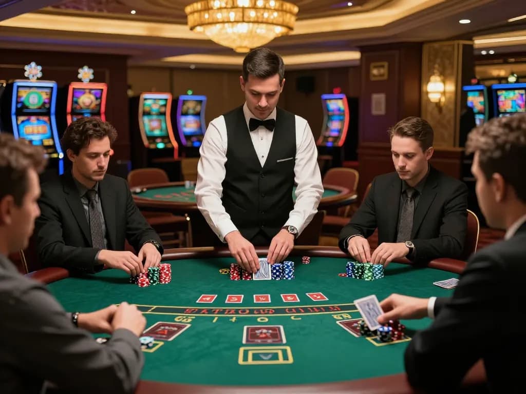 SUNWIN blackjack game with focused players and lively dealer showcasing strategy and excitement