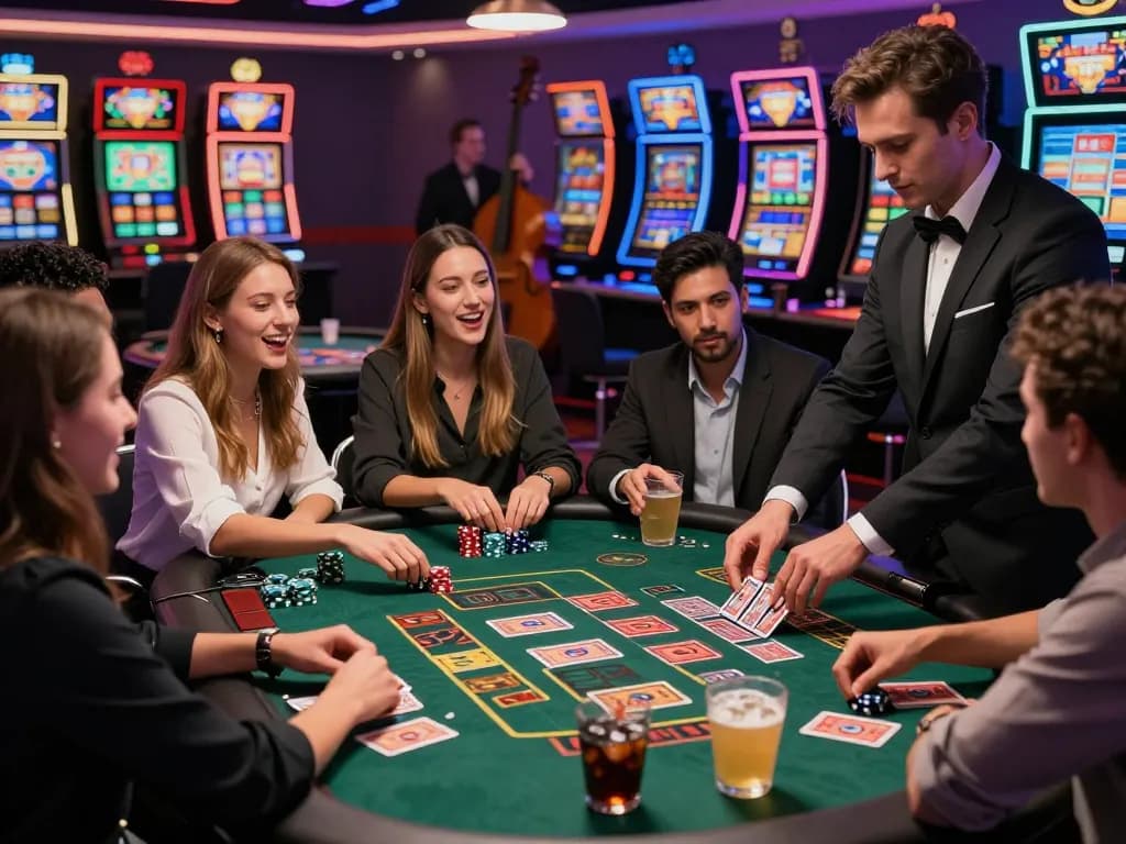 Friends enjoying the excitement of gambling at rikbet blackjack table with vibrant casino atmosphere.