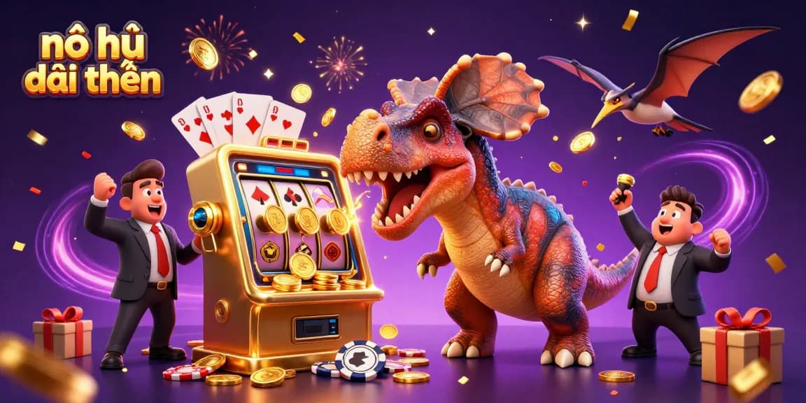 Nổ hũ đổi thưởng plunges players into a thrilling jackpot frenzy with cartoon dinosaurs and a golden slot machine.