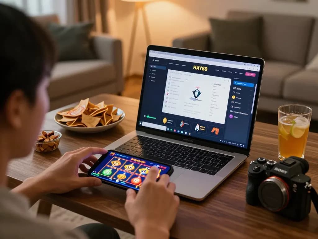 Engaging in online slot gameplay at HAY88x from a cozy home setup with an inviting atmosphere