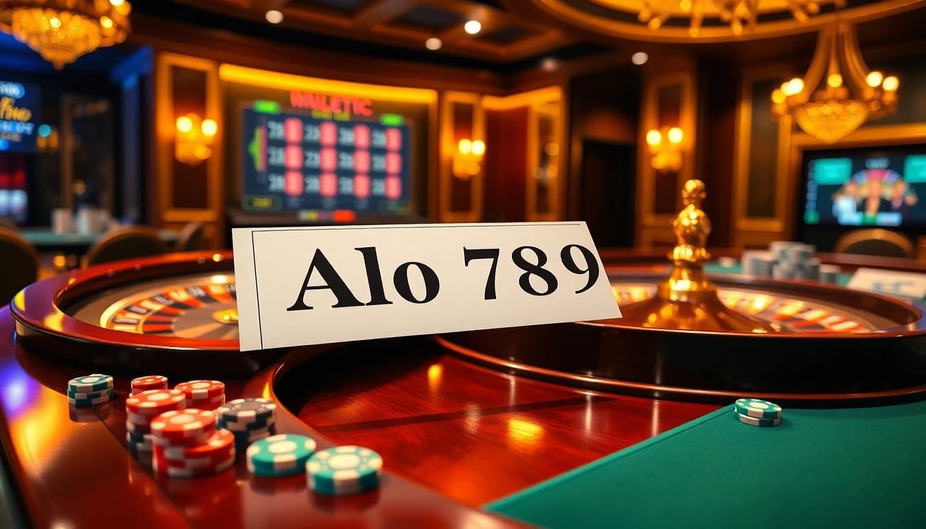 Alo 789 poker chips and roulette wheel create a vibrant gambling scene in a luxurious casino.