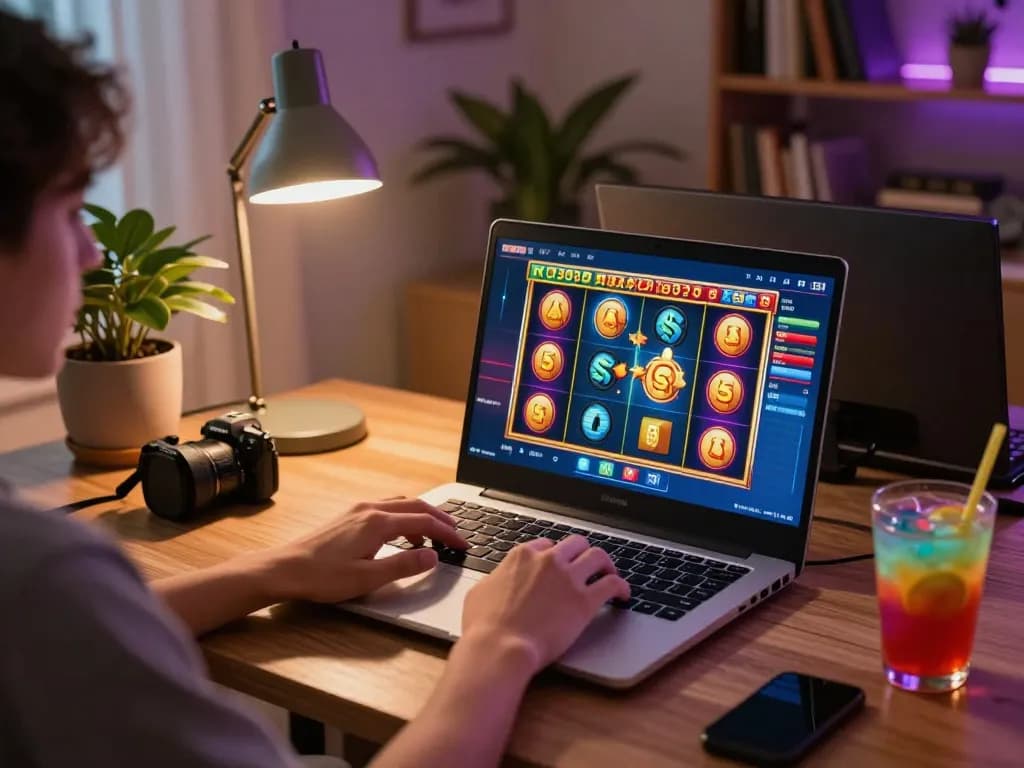 Person enjoying KU3933 slot games on a laptop, portraying an engaging and comfortable online gambling experience.