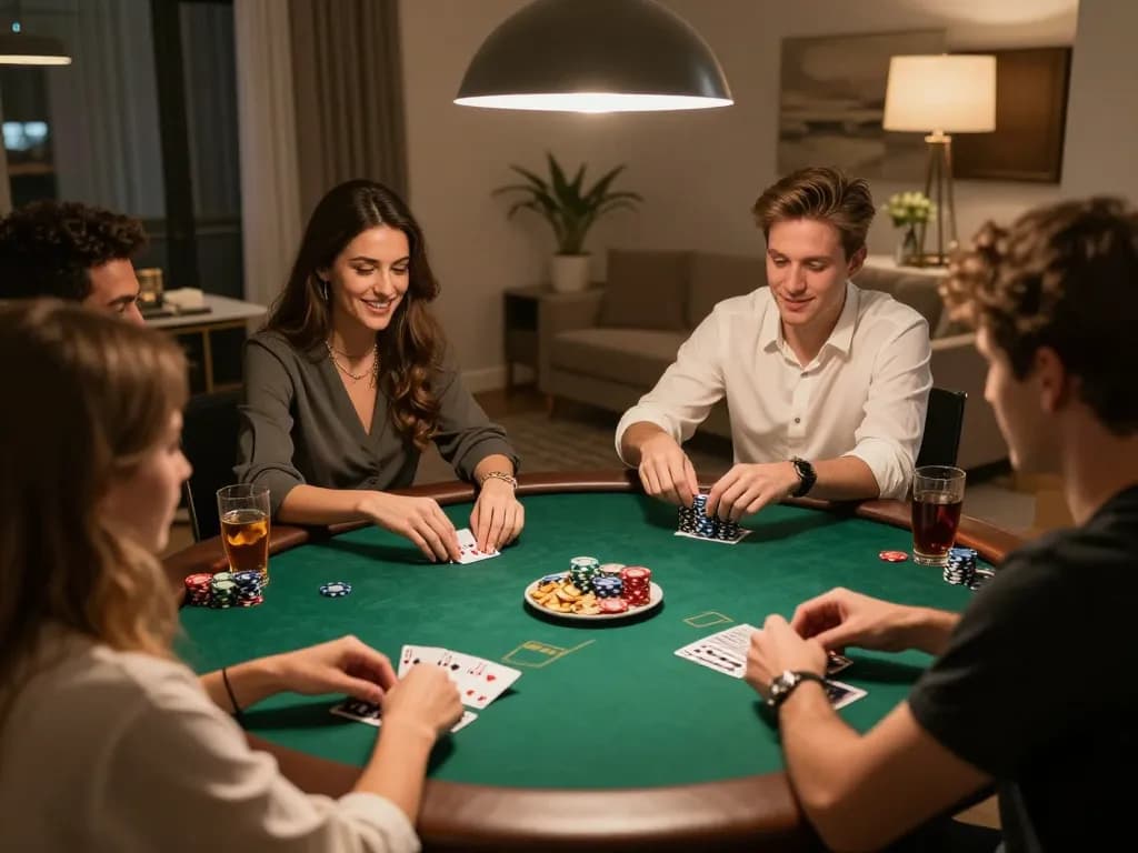Friends enjoying a poker night at home with PG88, celebrating wins around the table.