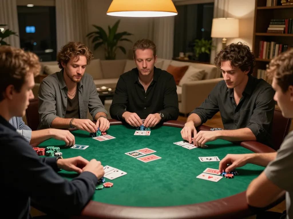 Players engage in a friendly poker game at home, showcasing XXGG's social gambling atmosphere