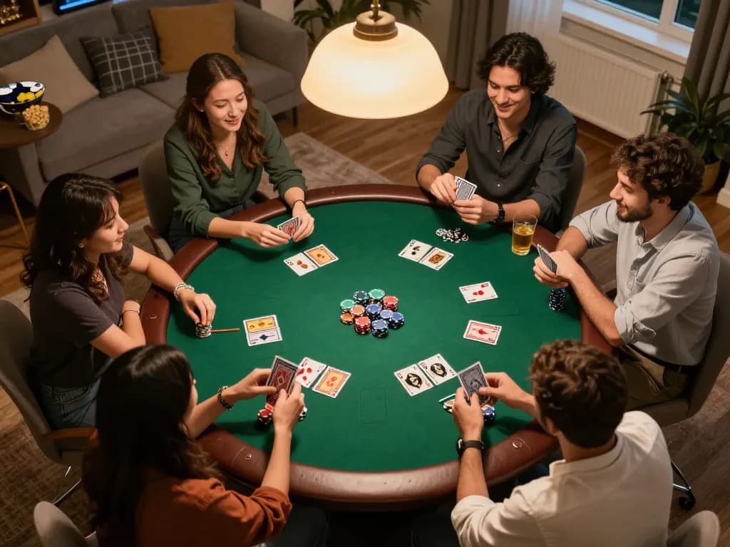 An engaging home poker game scene with friends enjoying f8betlv, chip stacks and laughter creating an inviting atmosphere.