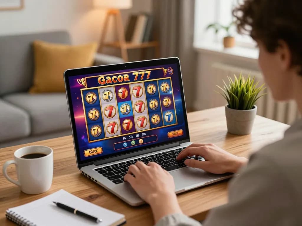 Playing slot gacor 777 on laptop at home while enjoying relaxed atmosphere