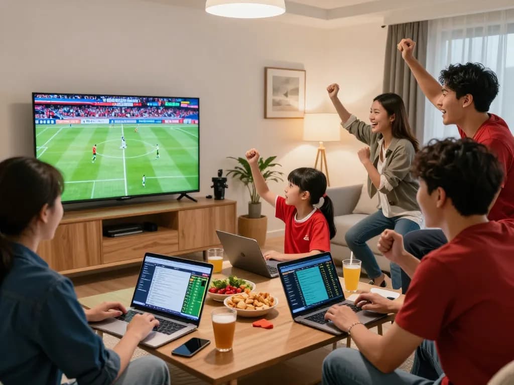 Fans engaging in sports betting and watching live matches on 1gom platform.