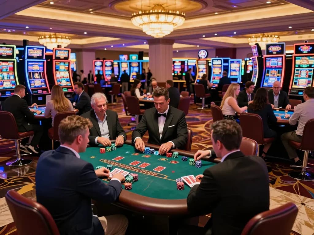 GMNC players strategizing at an exciting blackjack table in a vibrant Las Vegas casino.