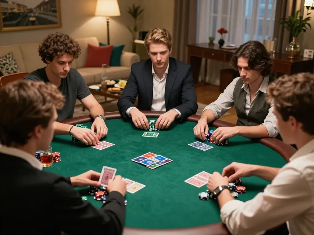 MM88 players strategizing during a high-stakes poker game in an upscale home with intense focus.