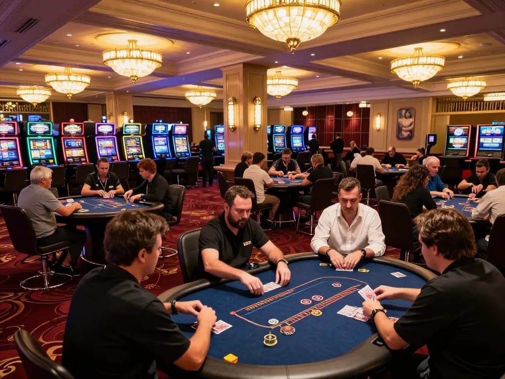 Engaged players at poker tables in a luxurious casino showcasing 789p's top gambling experiences.
