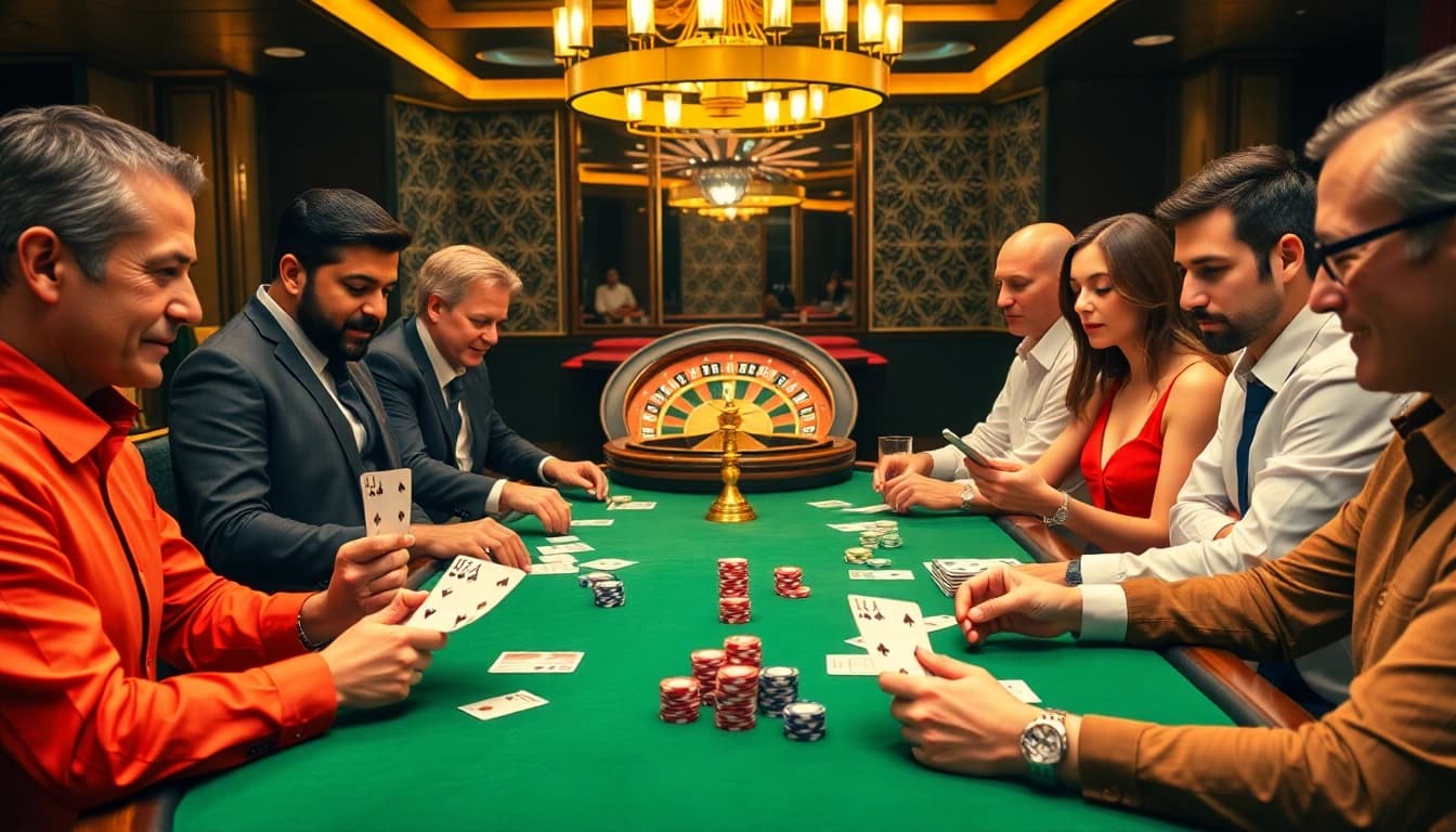 Players strategizing during a high-stakes poker game at LUCK8 COM's exciting casino.