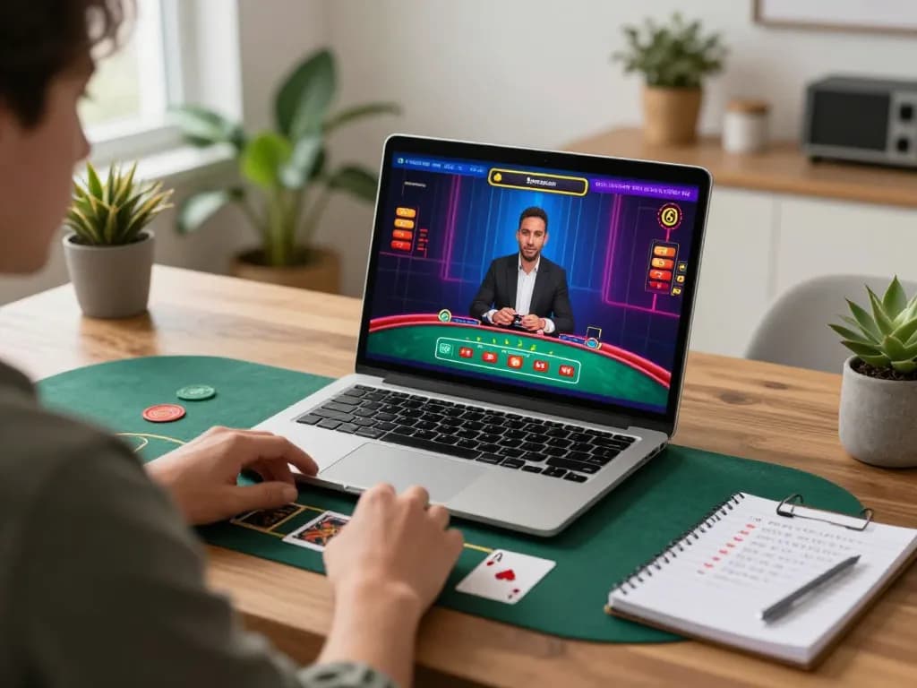 78wintl player engaging with live dealer blackjack in a stylish home office setup.