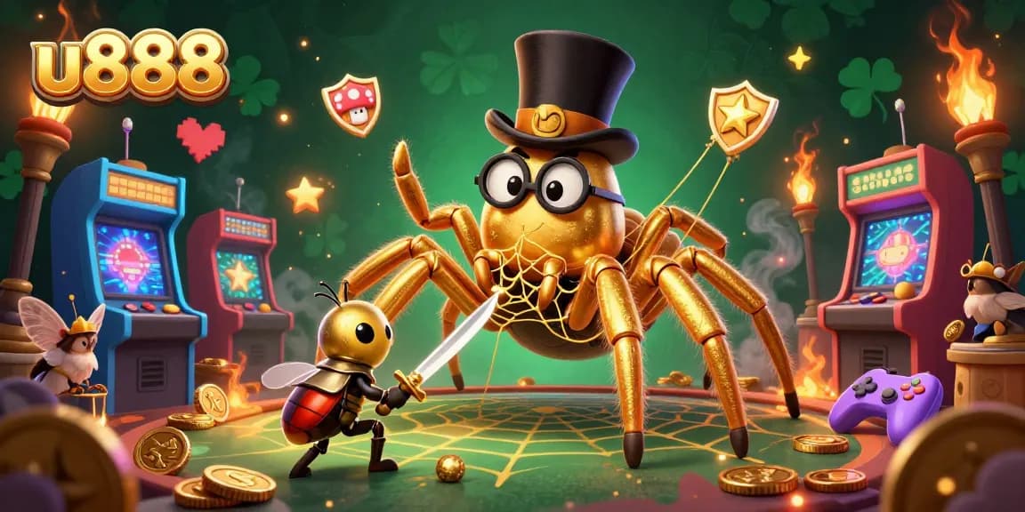 u888 captures the excitement of gaming with a golden tarantula weaving a golden web amidst colorful casino elements.
