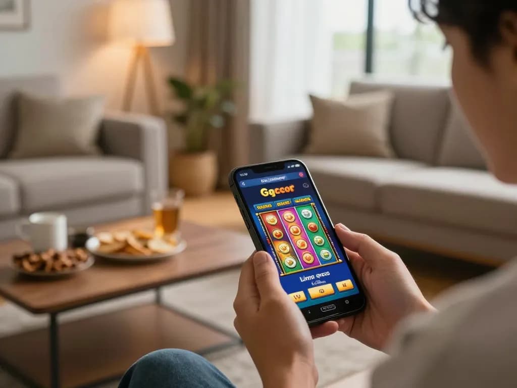 Pemain menikmati link slot gacor melalui smartphone, menunjukkan kegembiraan dan permainan strategis.