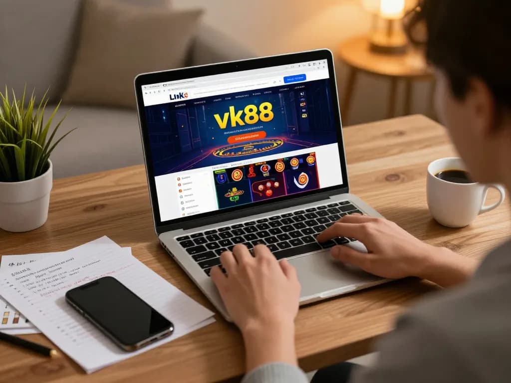 Engaging in online gaming through Link truy cập Vk88 at a cozy home workspace focused on strategy.