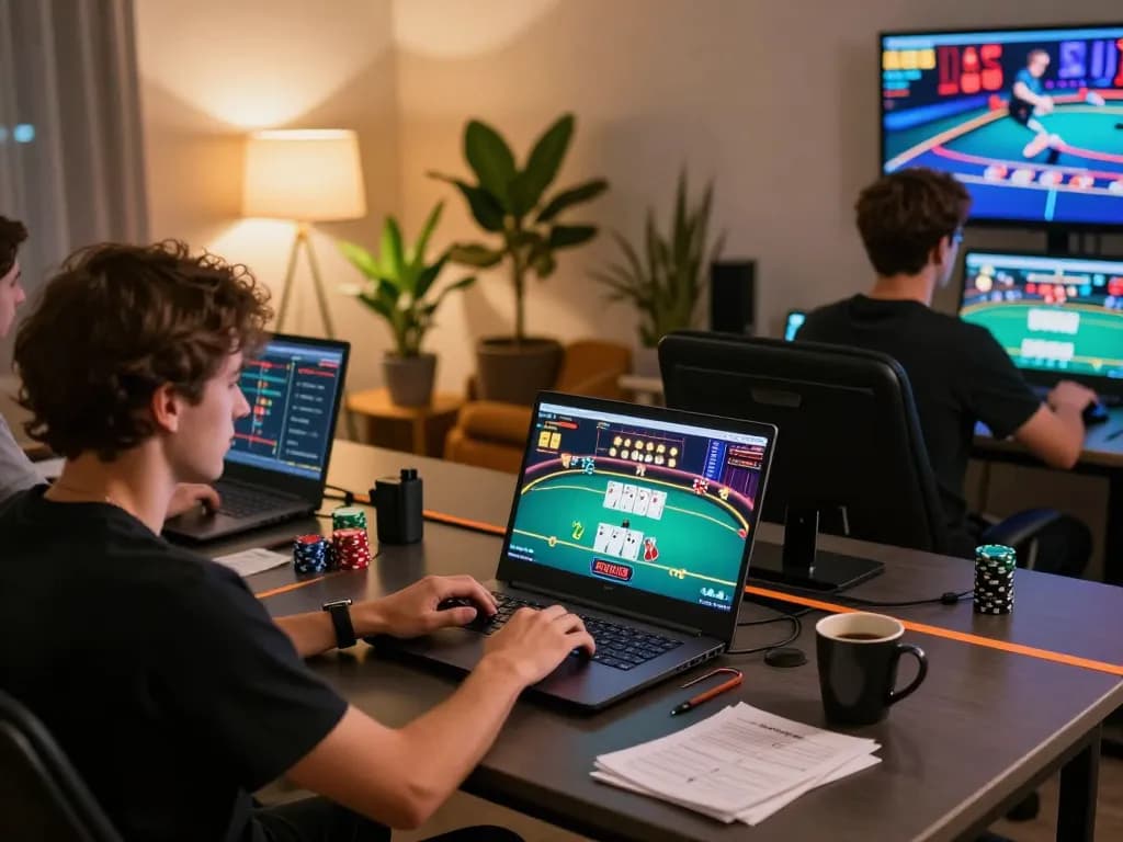Engaging online gaming session with okfun on a sleek laptop, showcasing poker gameplay and cozy atmosphere.