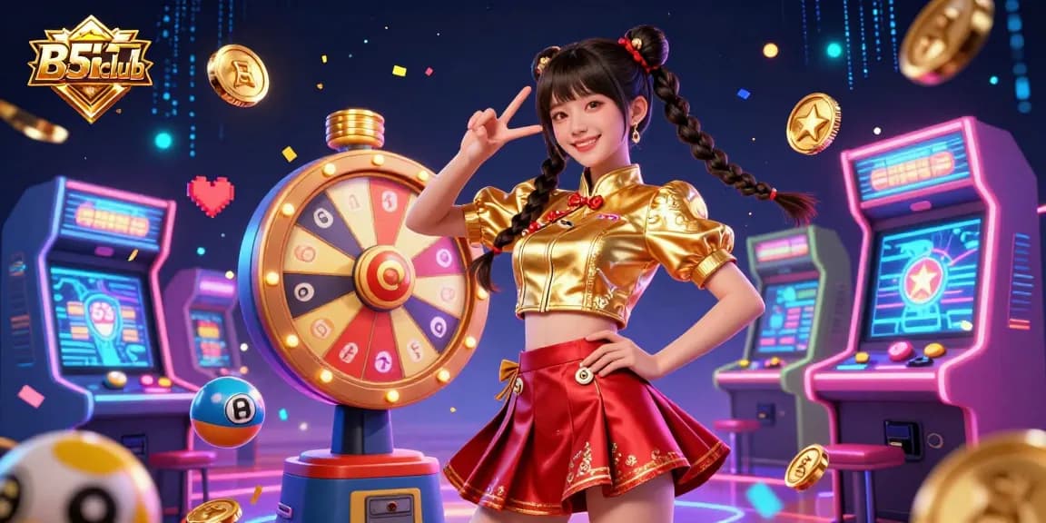 B52club's vibrant gaming atmosphere featuring a cheerful Asian woman with lottery elements, arcade machines, and colorful confetti.