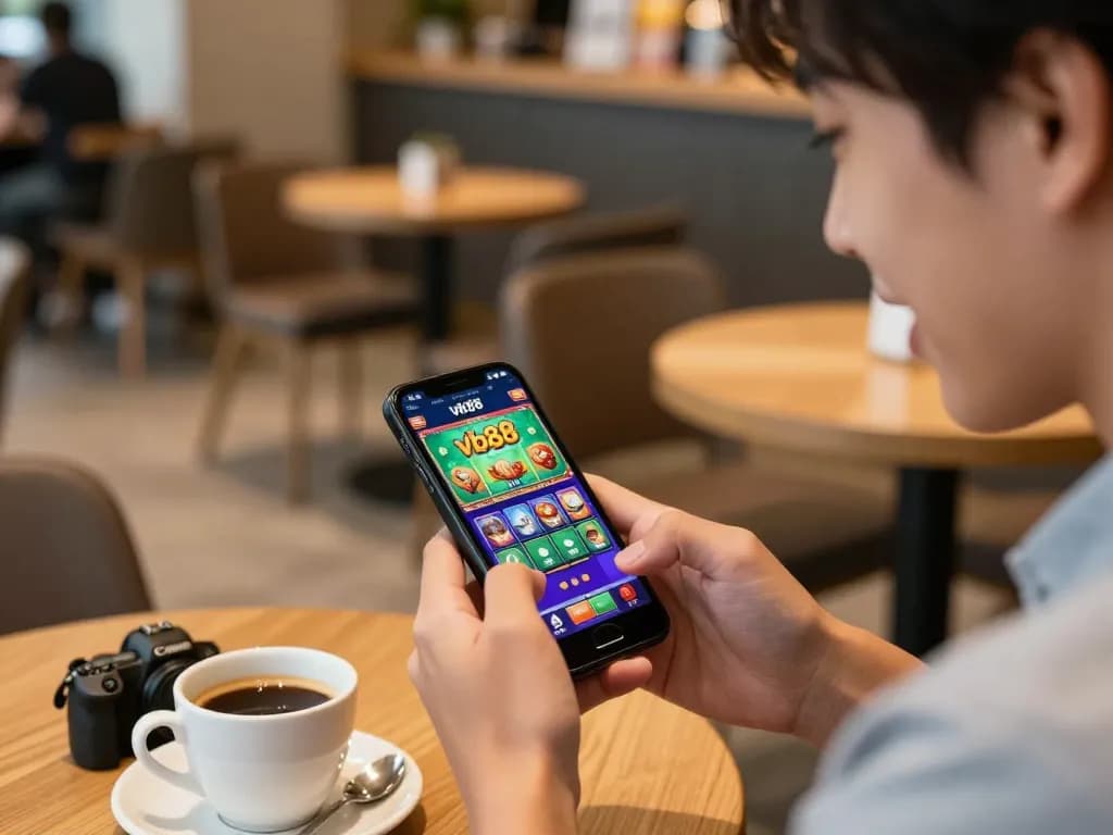 Using the vb88 apk on a smartphone while enjoying coffee in a modern café