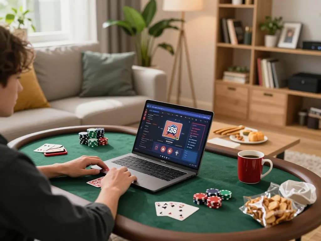 x88 trang chủ interface displayed on a laptop during online gaming session with warm home setting.