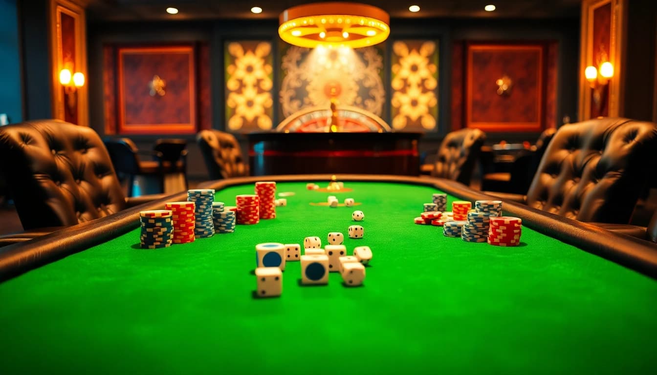 Table setup featuring poker chips and dice representing gambling action at https://tr88.autos/ casino.