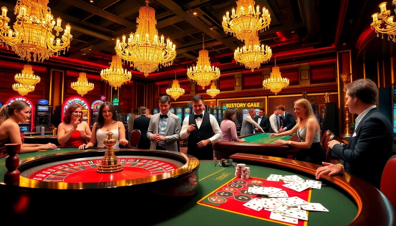 A vibrant casino scene with players engaging in roulette and slot machines at kuwinblog.com, conveying excitement and luxury.