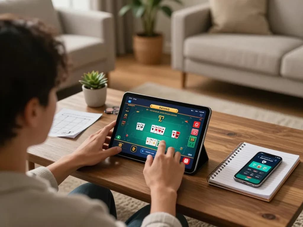 Player engaging in online poker gaming at home on LC88 app, showcasing strategy notes and tablet interface.