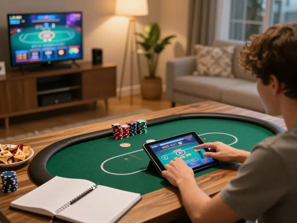 Player enjoying online poker at home using qh88go, surrounded by snacks and strategy notes