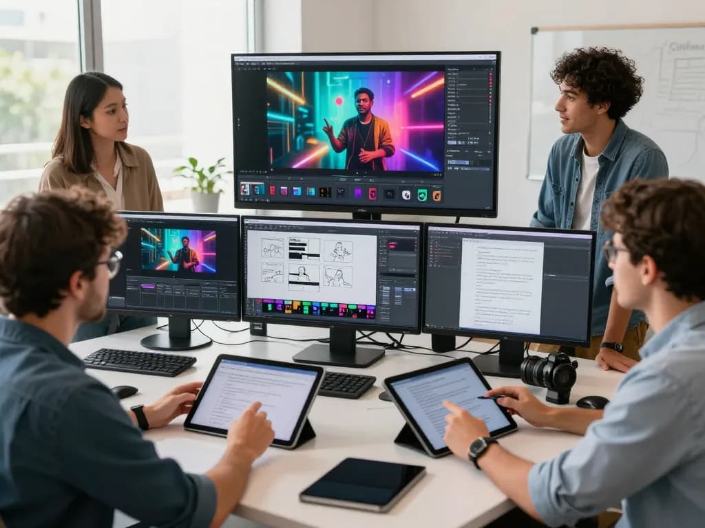 Team of creators using seedance ai in a modern workspace to collaborate on AI-generated video projects.