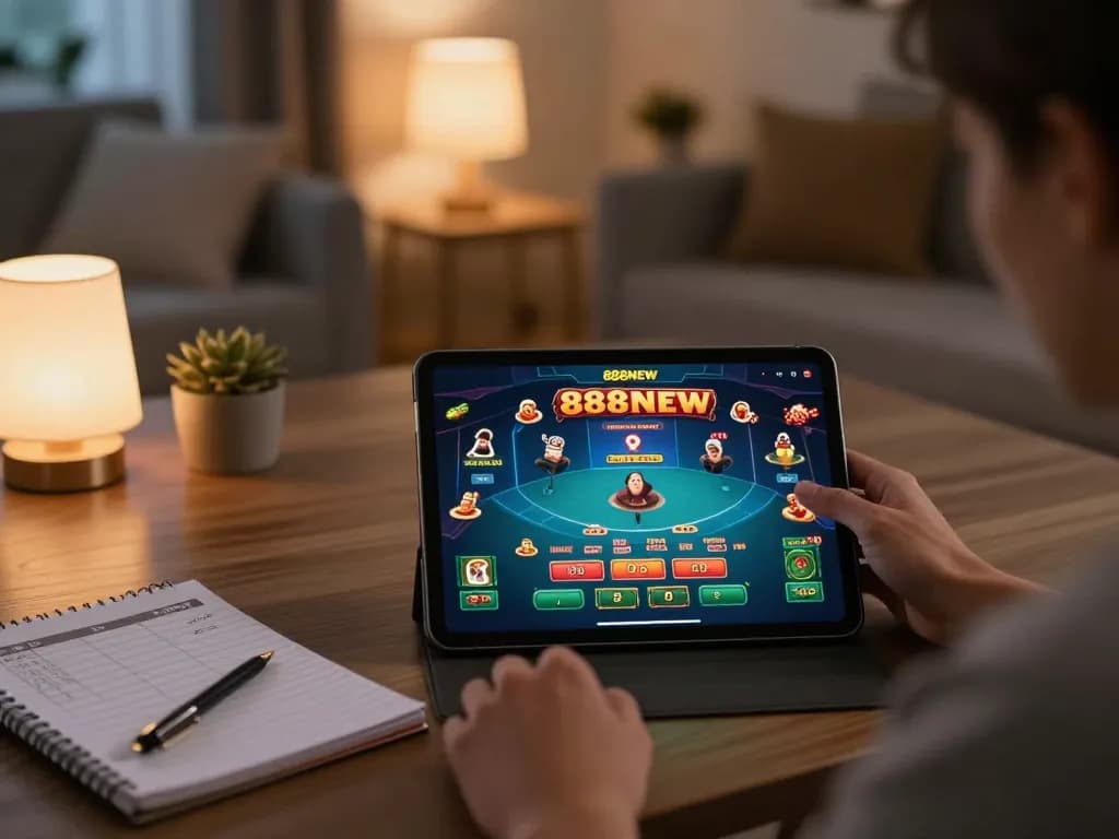 Player using the 888NEW app for online casino gaming, showcasing strategic gameplay in a cozy home setting.