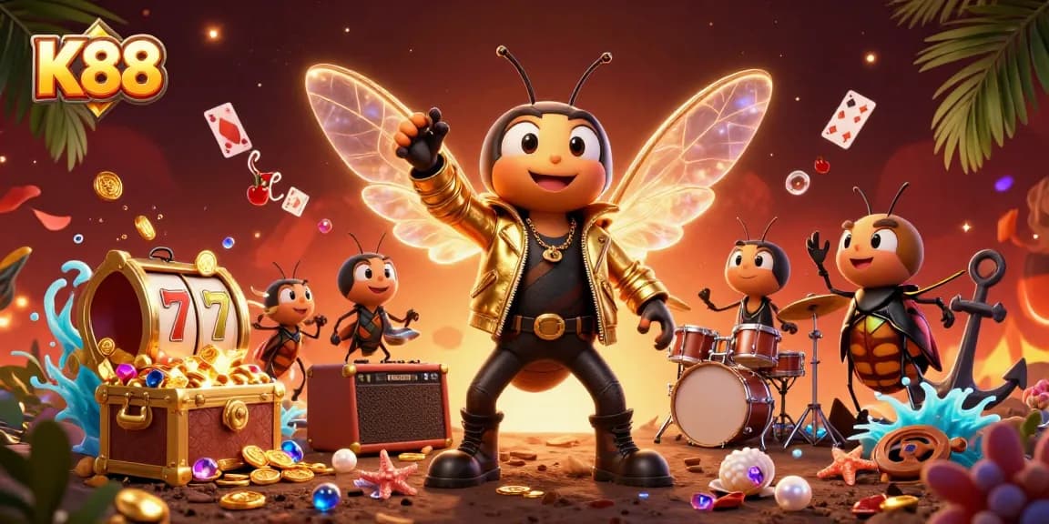 Engage with K88's vibrant casino scene featuring a rock star, drummer, and lively slot reels.