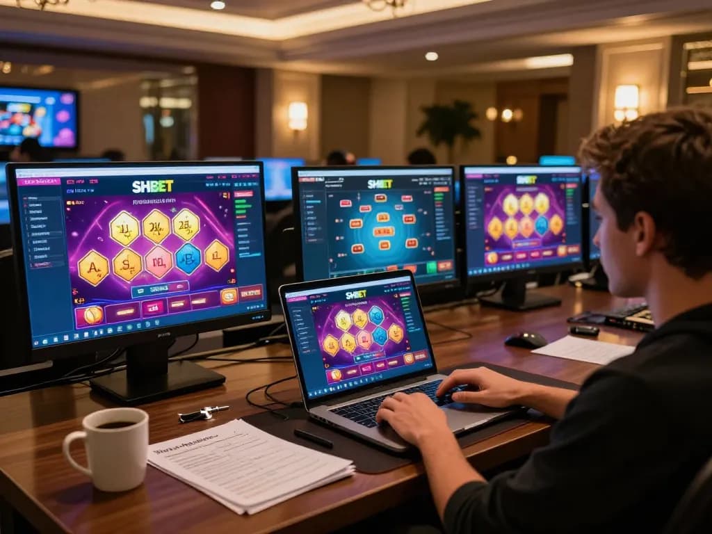 Engage in exciting SHBET online gaming with a modern setup featuring poker and slots.