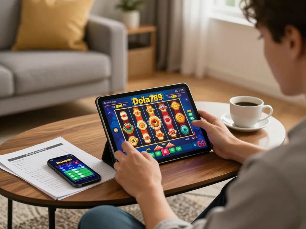 Dola789 player engaging in online slots from a cozy home, showcasing strategy notes.