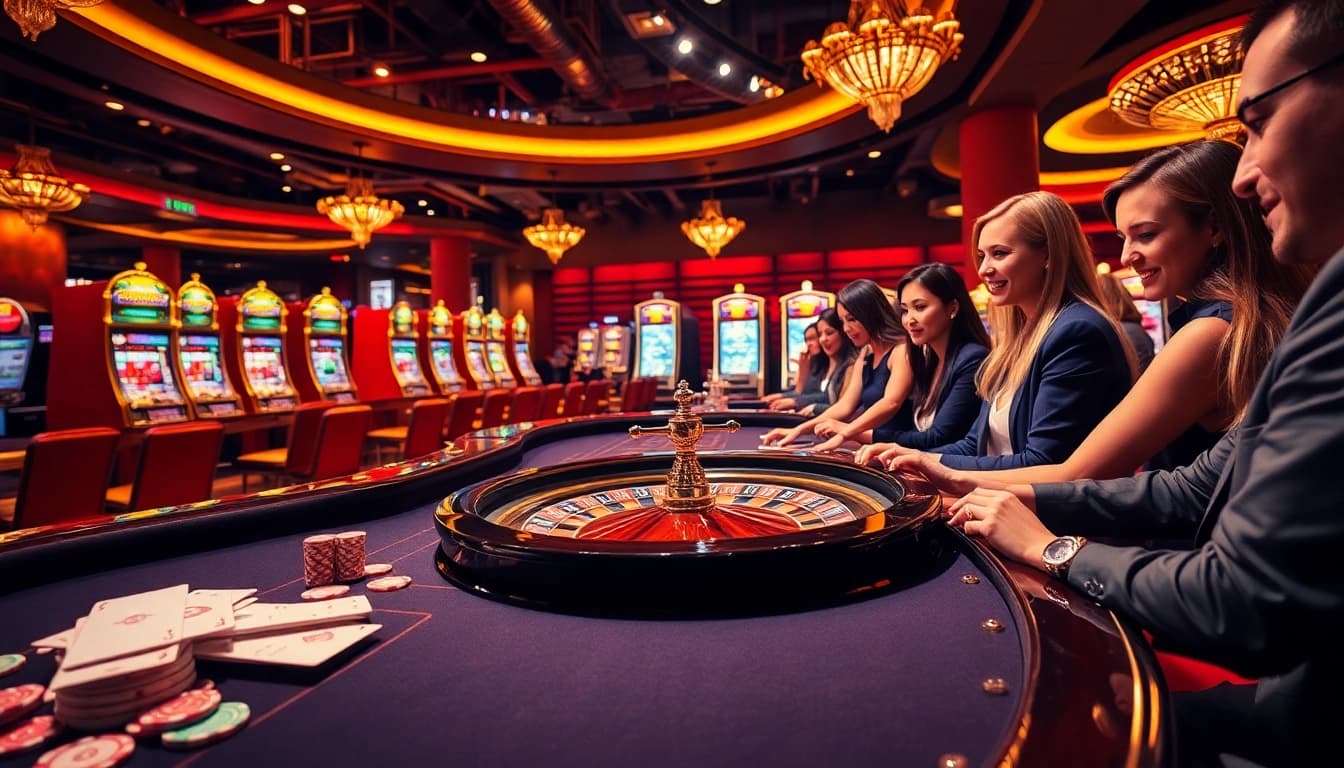 SODO Casino features a vibrant gaming scene with players engaged at luxurious tables and slot machines.
