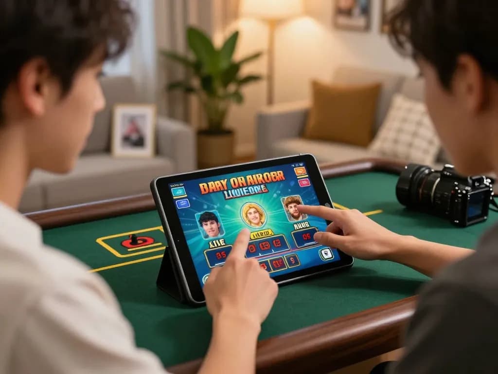Player enjoying an RR88 live dealer game on a tablet in a cozy home setting, showcasing excitement and strategy.