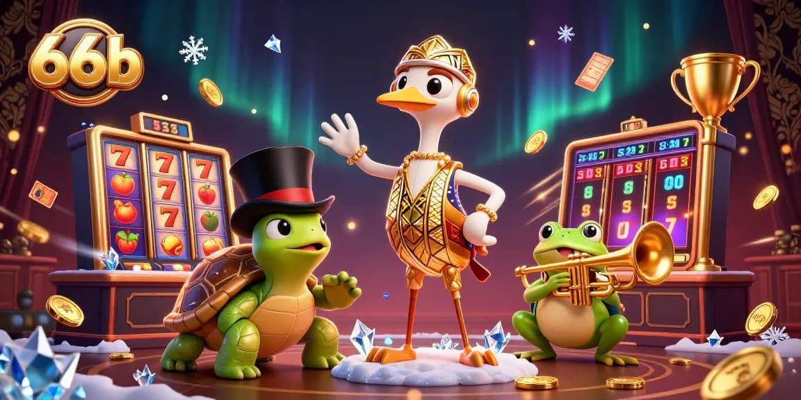 Spin the reels of fortune at 66b with vibrant slot symbols and lively characters in a rich casino atmosphere.