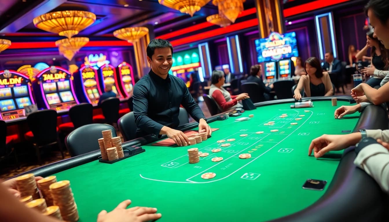 Gameplay at 888new - nhà cái hàng đầu châu á features an exciting blackjack table with players and vibrant casino elements.