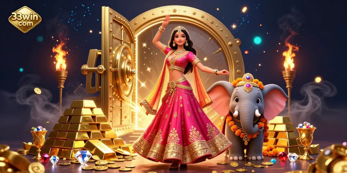 Engage with 33win com's colorful 3D casino illustration featuring vibrant characters and golden treasures.