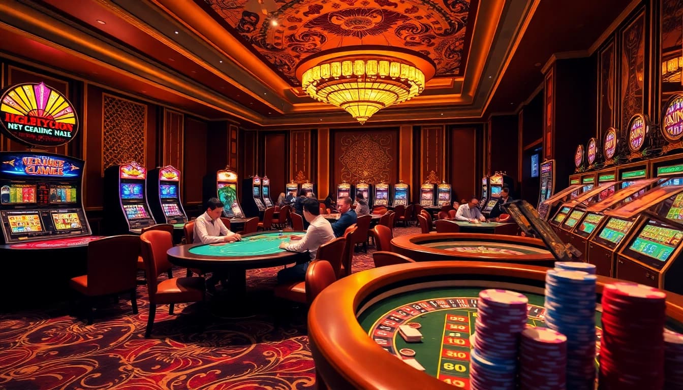 Experience top-rated nhà cái uy tín ở việt nam in a luxurious casino atmosphere showcasing poker tables and slot machines.