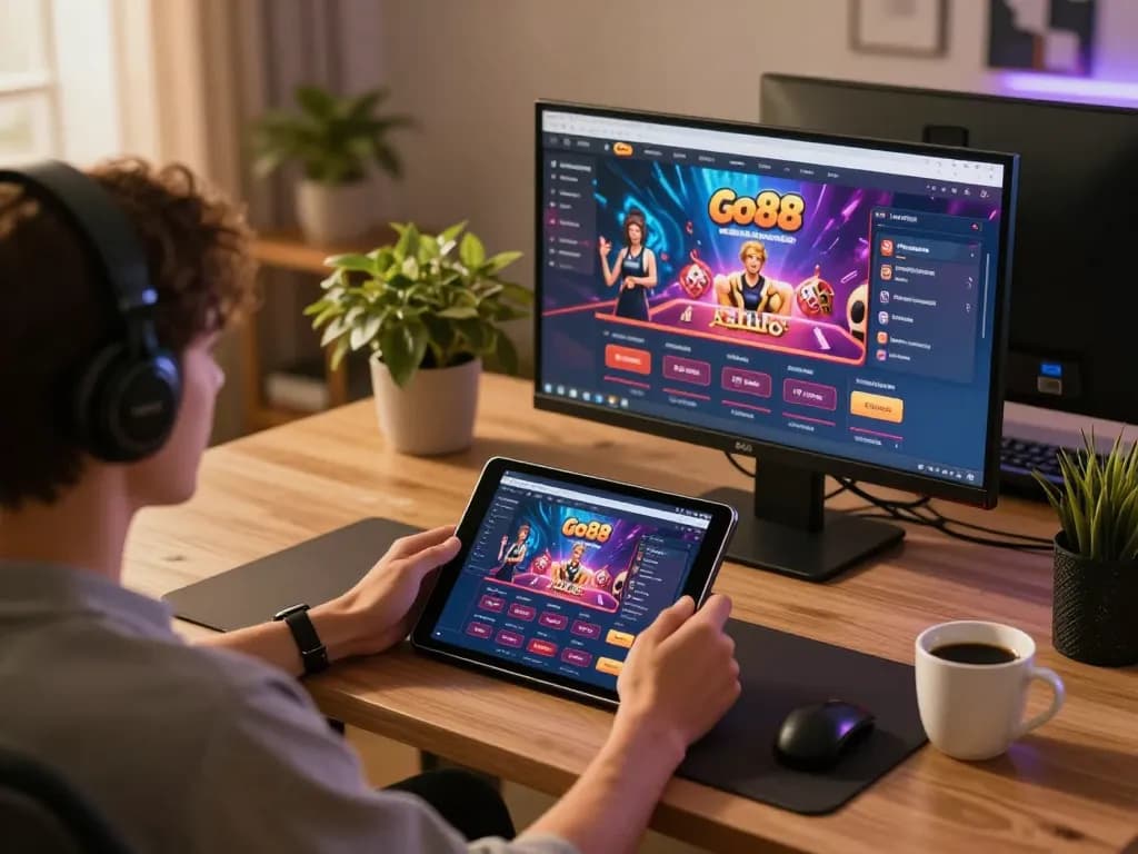 Engaging in online gameplay, tải go88 app shown on tablet in a cozy home setting.
