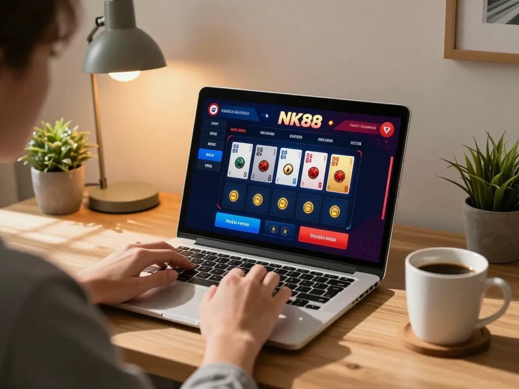 Engaging online gambling session at NK88 with a cozy home setup and user interaction.